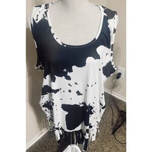 Sunshine & Rodeos Cow Print Tank Top Womens XL Loose Fit Shirt Western Fringe
